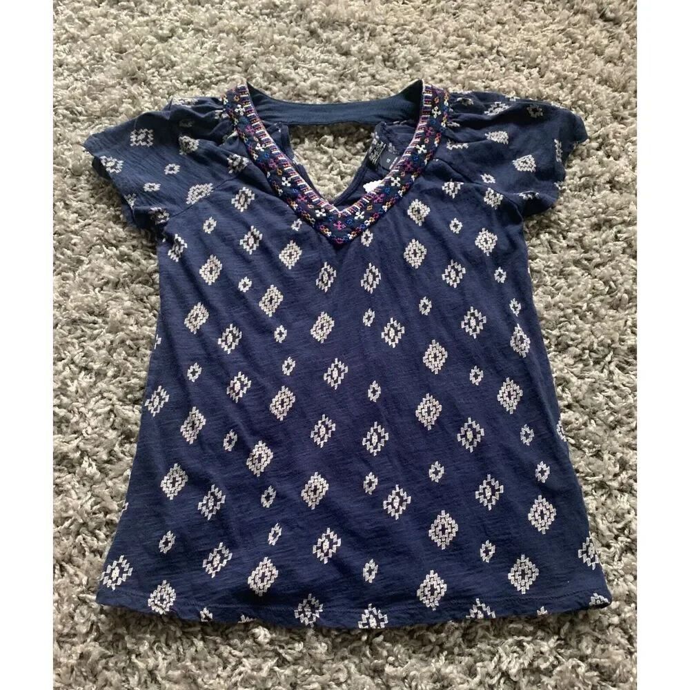 Lucky Brand navy blue EMBROIDERED Boho CAP SLEEVE TUNIC SHIRT TOP sz XS